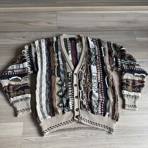 Vintage 90s Conte di Milano Cardigan Sweater 3D Striped Grandpa Coogi Knit Sz L